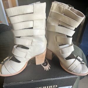 Freebird Women's Cream Strappy Heeled Boots